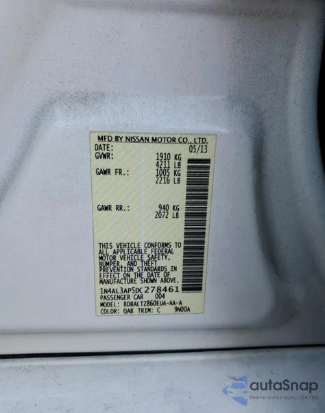 2013 Nissan Altima 2.5 z USA, uszkodzony, nr VIN 1N4AL3AP5DC278461